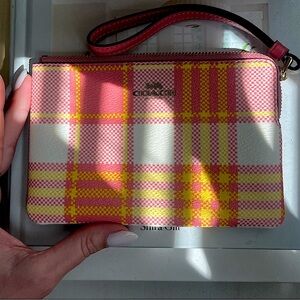 NEW Coach Pink Yellow Plaid Wristlet